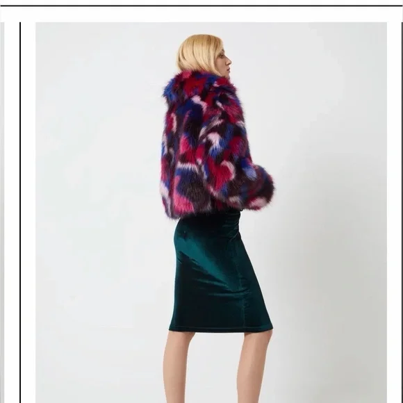 FRENCH CONNECTION Multi-Color Faux Fur Cropped Jacket - Pink, Blue & Wine - Picture 2 of 6